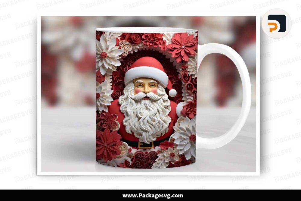 3D Floral Santa Claus Sublimation PNG, 11oz 15oz Mug Wrap LLU998P8