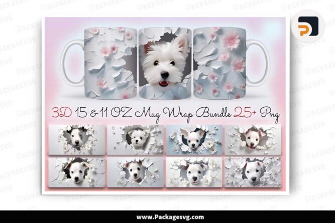 3D Flowers Dog Bundle, 25 PNG 11oz 15oz Mug Wrap LLKOZZHB