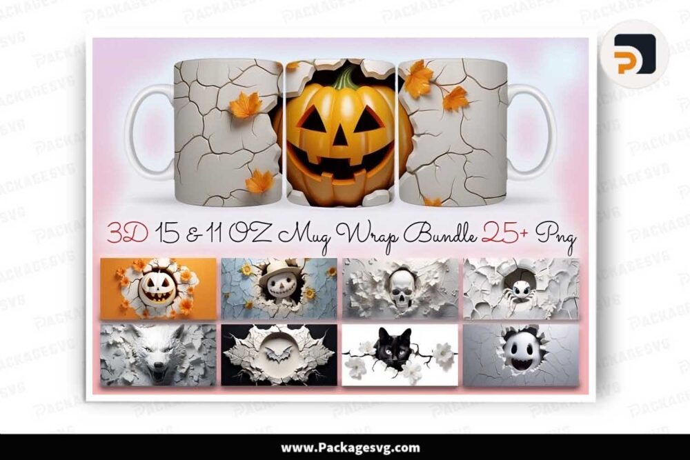 3D Halloween Mug Bundle, 27 PNG 11oz 15oz Mug Wrap LLBZ920A