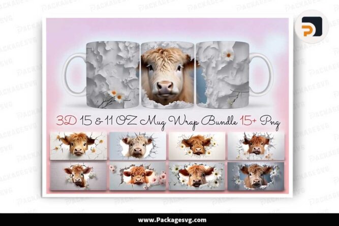 3D Highland Cow Sublimation Bundle, 15+ PNG 11oz 15oz Mug Wrap LLN2K0IH