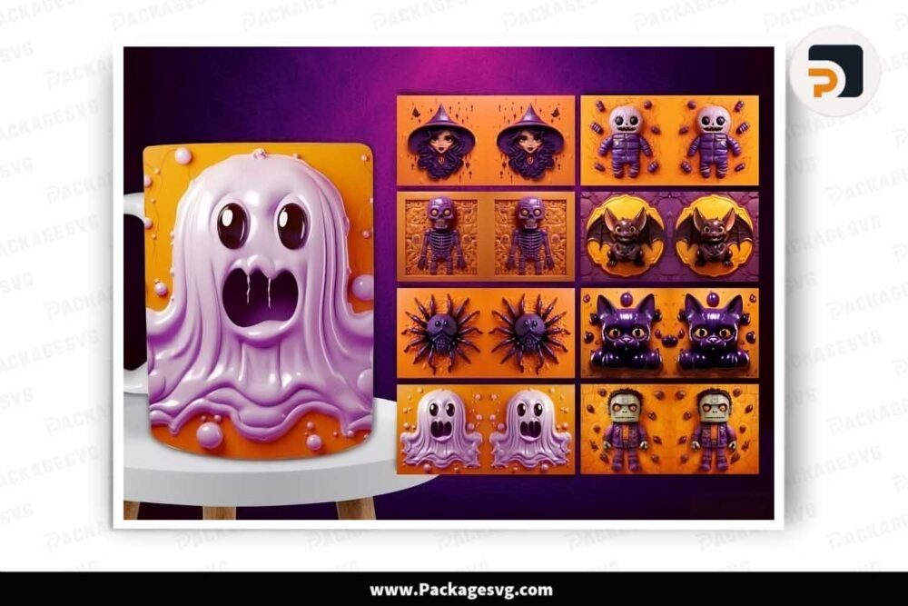 3D Inflated Halloween Bundle, 8 PNG 11oz Mug Wrap LLKPIIJB