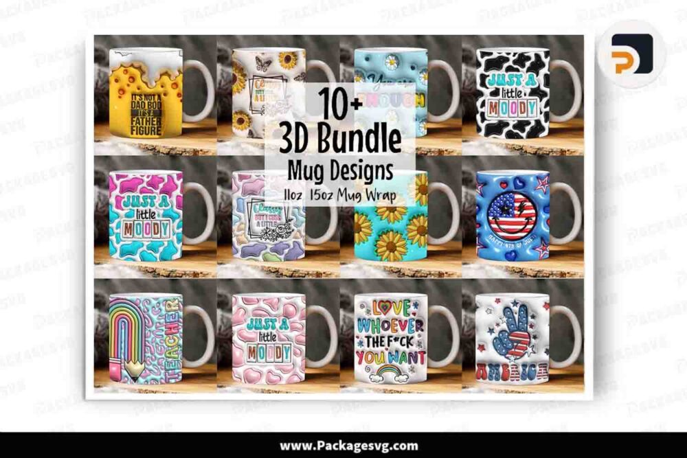 3D Inflated Mug Bundle, 10+ Designs 11oz 15oz Mug Wrap LLEGMPD1