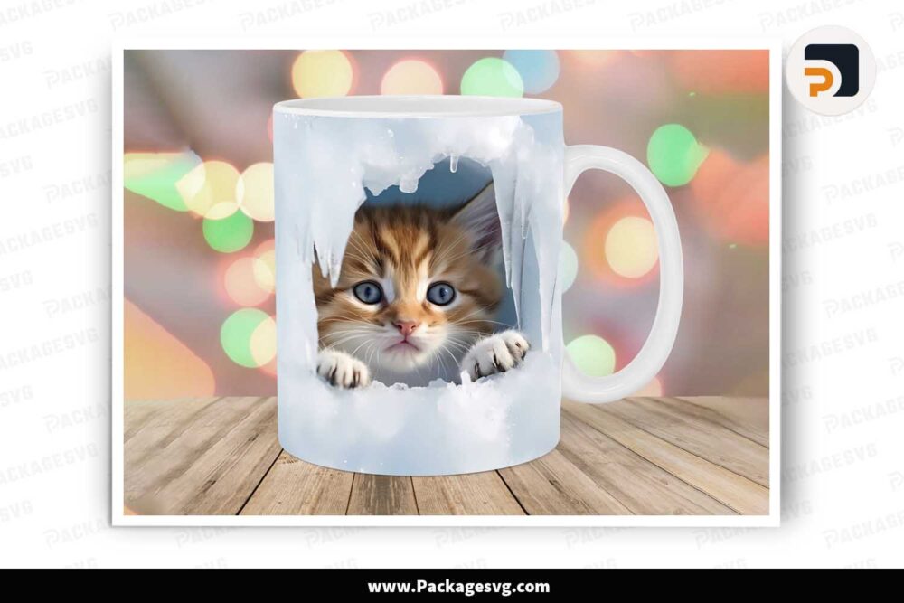 3D Kitten In Ice Hole Sublimation PNG, 11oz 15oz Mug Wrap LLNJXWOF