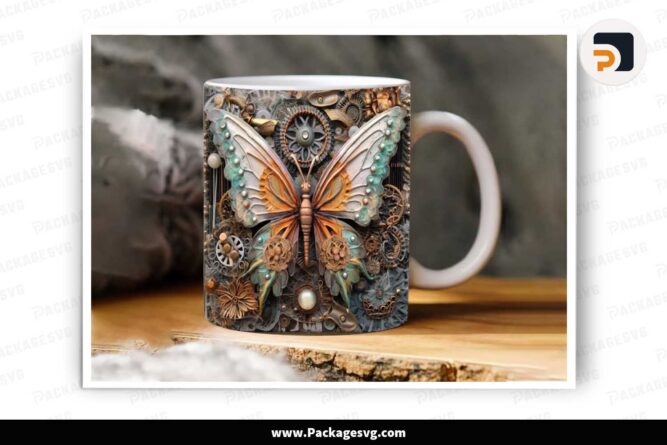 3D Metal Butterfly Sublimation PNG, 11oz 15oz Mug Wrap LLLY2PO5