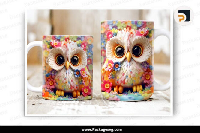 3D Owl and Flower Mug Wrap, 11oz 15oz Mug Template