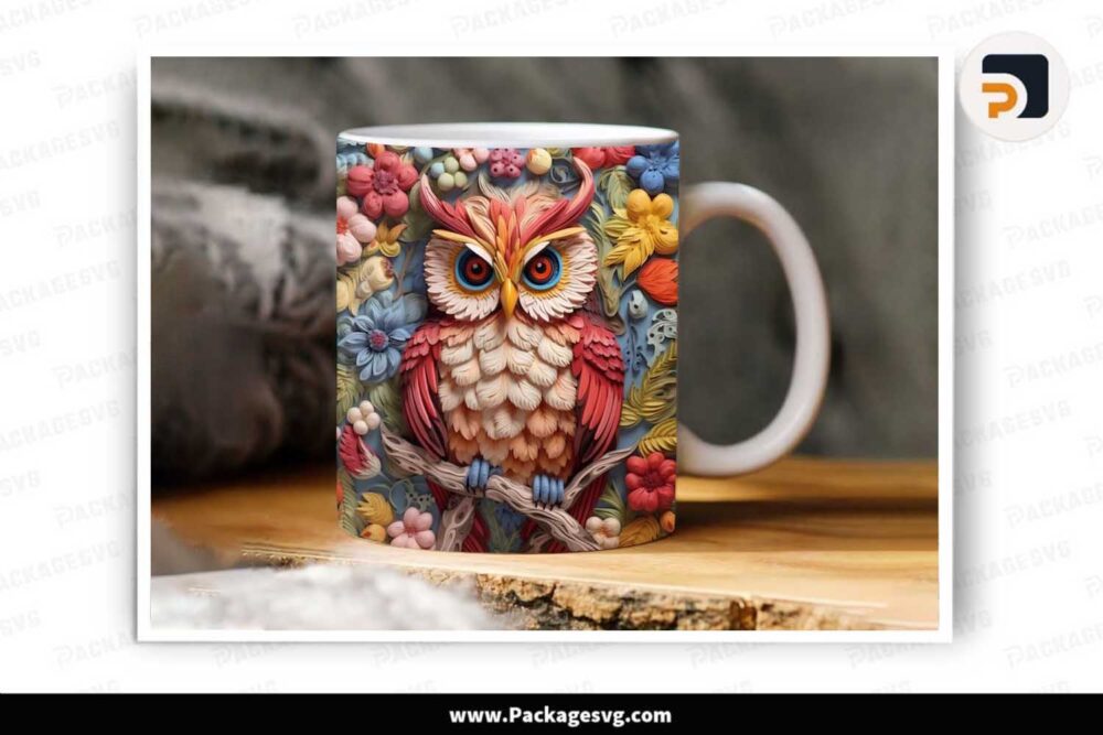 3D Owl and Flower Sublimation PNG, 11oz 15oz Mug Wrap LLKMGI4Q