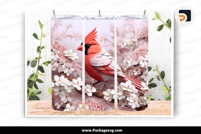 3D Red Cardinal Bird Flowers PNG, 20oz Skinny Tumbler Wrap LLNFXVJ8