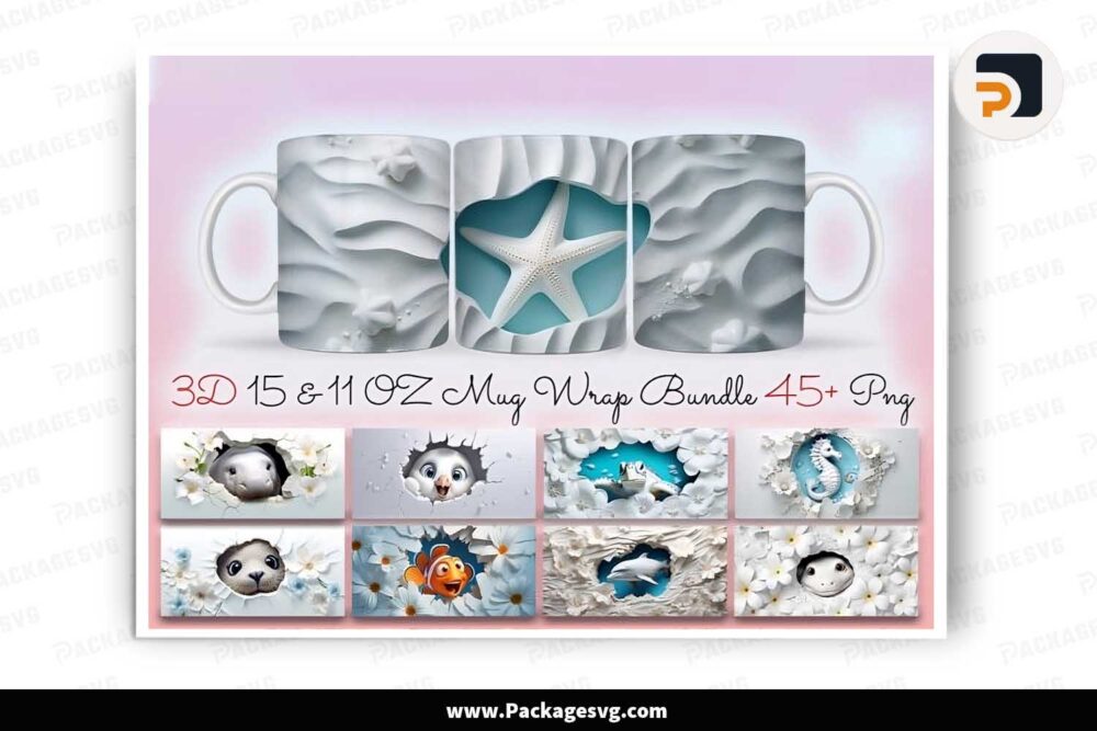 3D Sea Animals Bundle, 45+PNG 11oz 15oz Mug Wrap LLNHJJLU