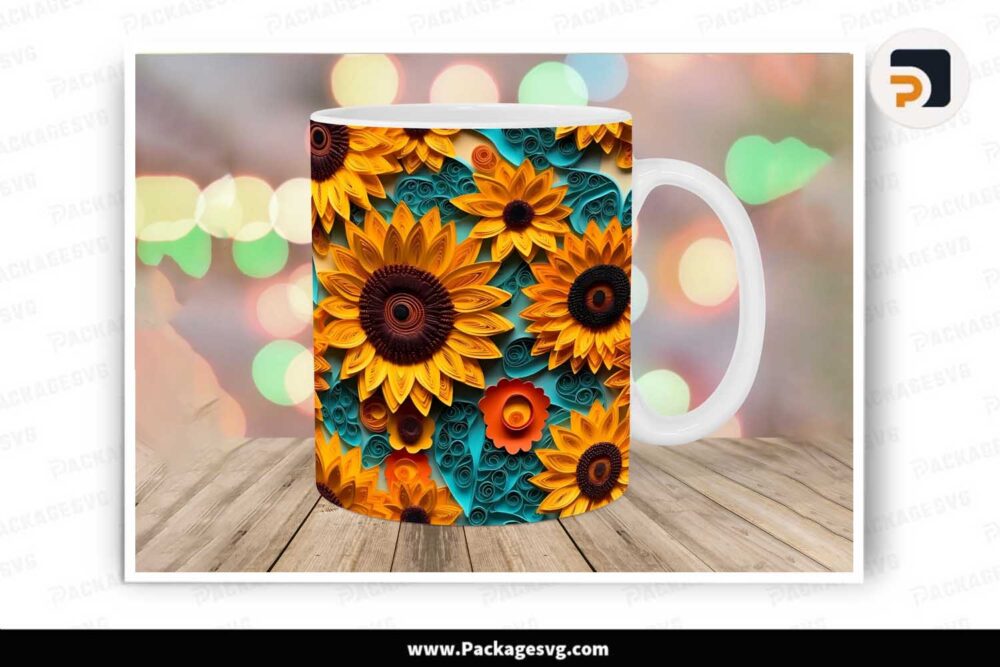 3D Yellow Sunflowers Quilling Mug, 11oz 15oz Mug Wrap Template LLKB6KQ1