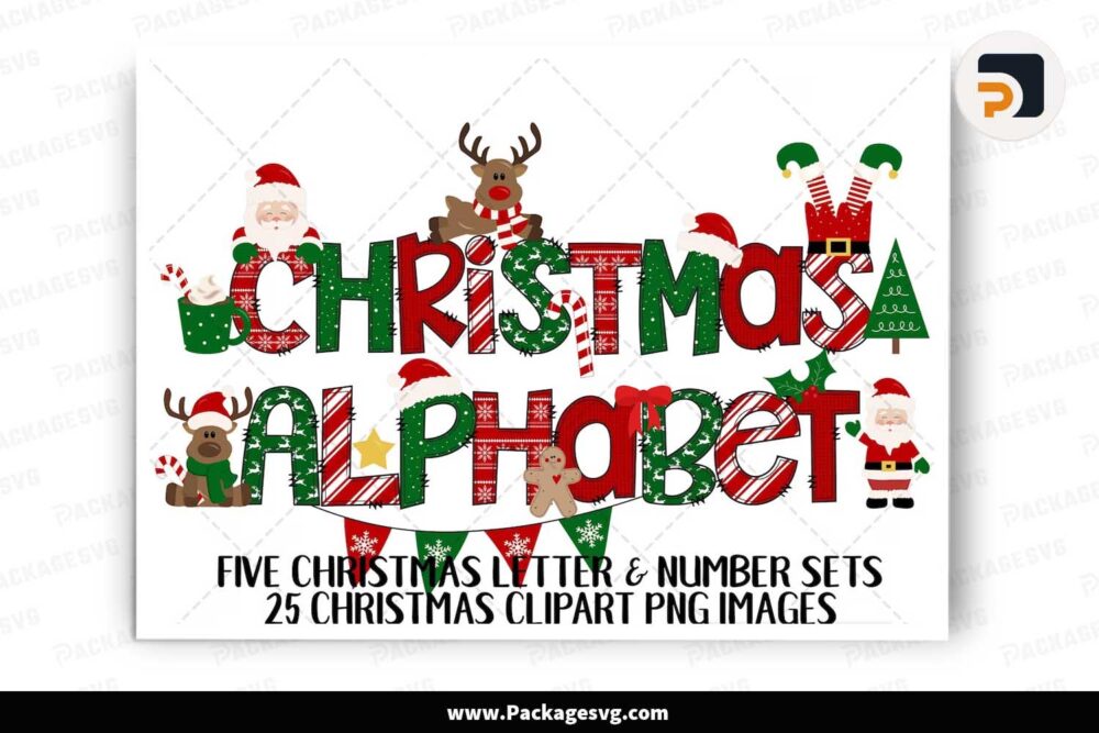 Christmas Doodle Alphabet Bundle, Santa Deer Elf Light Cliparts PNG LLX57SAW