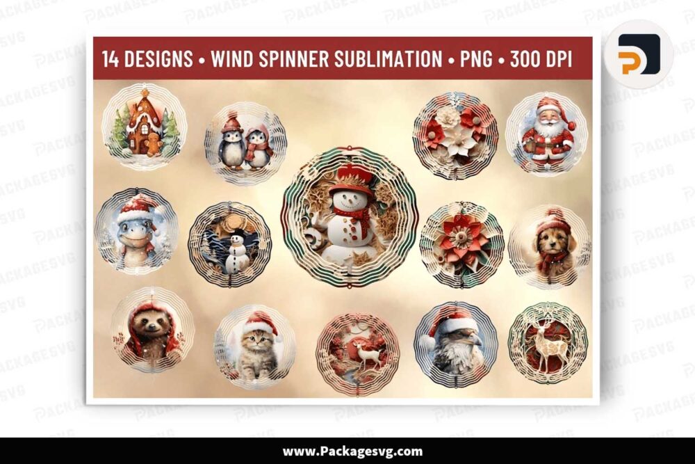 Christmas Wind Spinner Bundle, 14 PNG Animals Designs LLRDSGFL