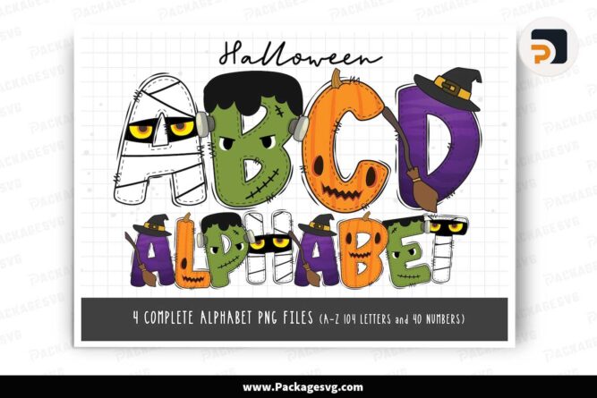 Halloween Doodle Letters Alphabet Bundle, Witch Pumpkin Frankenstein Mummy Clipart Design LLVST79K
