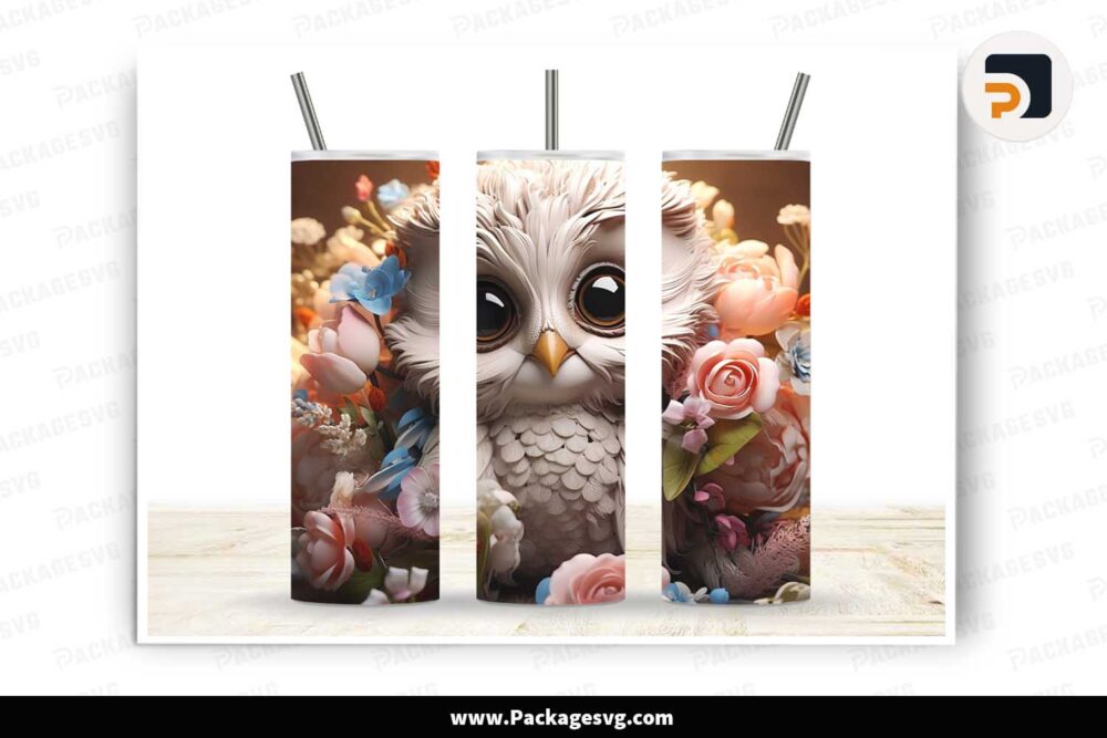 3D Baby Owl Flowers Sublimation PNG, 20oz Tumbler Wrap LM8KEXBS