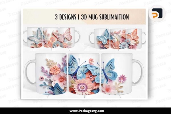 3D Butterflies Flowers Mug Sublimation Wrap Bundle Free Download