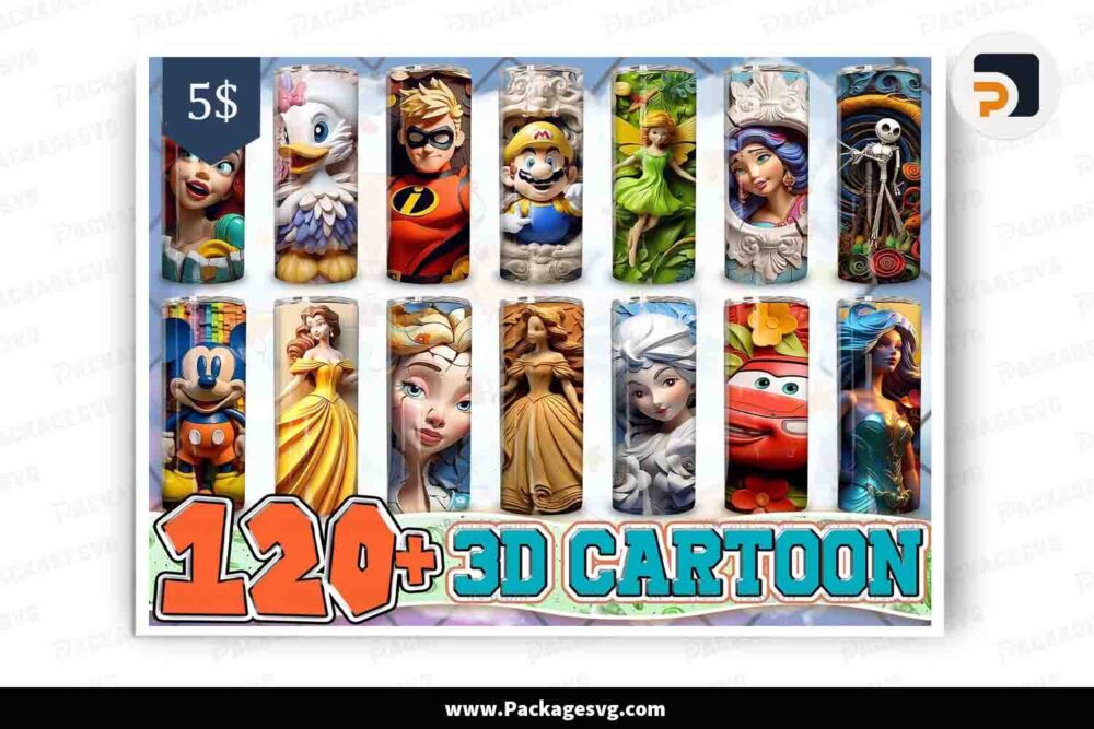 3D Cartoon Characters Bundle, 120 Designs 20 oz Skinny Tumbler LM4ICQMQ