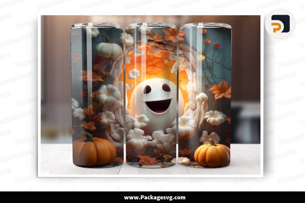 3D Cute Ghost Pumpkin Sublimation Design, 20 oz Skinny Tumbler Wrap PNG LMPP829Z