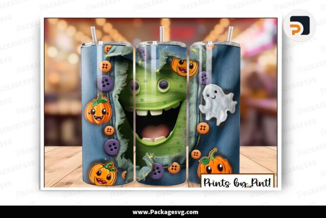 3D Denim Monster Sublimation Design, 20 oz Skinny Tumbler Wrap PNG LMOQI8LN