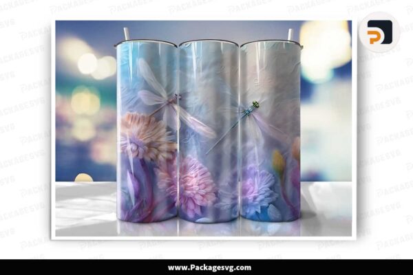 3D Dragonflies Flowers PNG, 20oz Tumbler Wrap Free Download