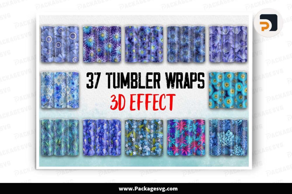 3D Effect Blue Flowers Tumbler Bundle, 37 Designs 20oz Skinny Tumbler Wrap LMBDBIPF