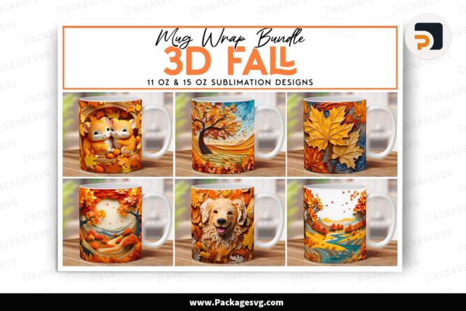 3D Fall Sublimation PNG Bundle, 10 Designs 11oz 15oz Mug Wrap LM4B3AYA