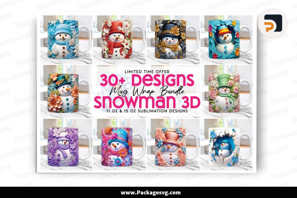 3D Flower Snowman Mug Bundle, 30+ Designs 11oz 15oz Mug Wrap LMR73EVP