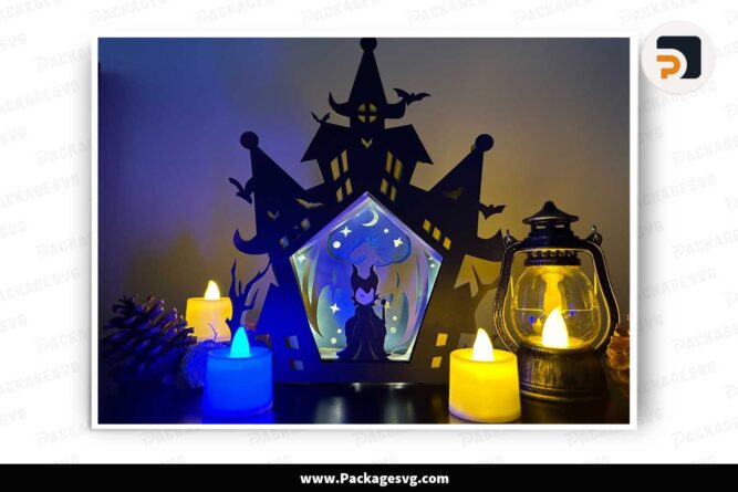 3D Halloween Maleficent Light Box, Haunt House SVG Paper Cut File LN02NT8Y