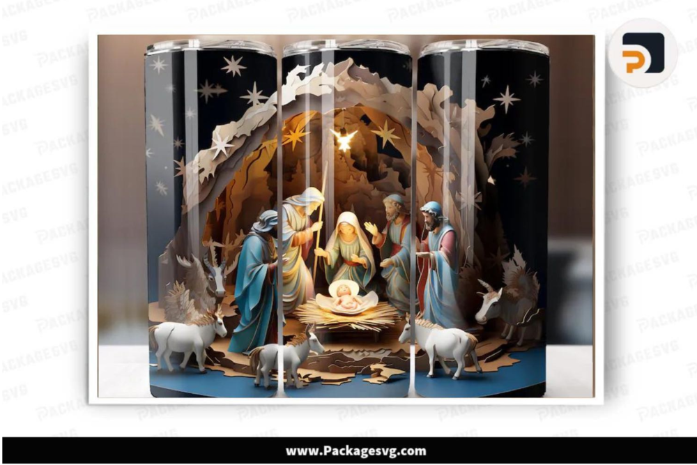3D Nativity Scene Mary Joseph Jesus PNG, 20oz Skinny Tumbler Wrap