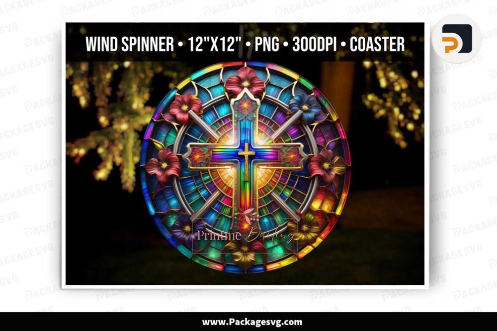 3D Western Cross Wind Spinner Design, Round Stained Glass Sublimation PNG LM8U6Q99