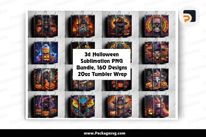 3d Halloween Sublimation PNG Bundle, 160 Designs 20oz Tumbler Wrap LM717U81