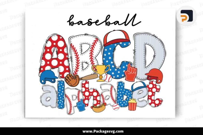 Baseball Doodle Letters Alphabet Bundle, 4 Set Cliparts Font PNG LMVELYQH