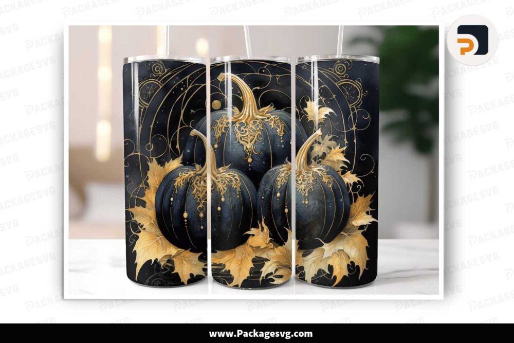 Black Gold Pumpkin Sublimation PNG, 20oz Tumbler Wrap LMOBFAGF