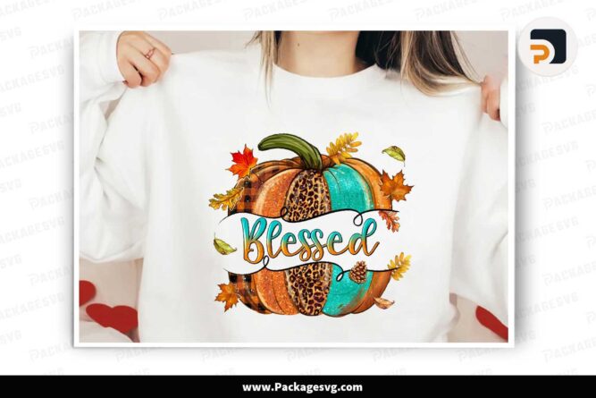Blessed Pumpkin Sublimation Design, Fall Leaves PNG LMVF1OP2