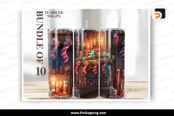 Christmas Fireplace Candy Cane Sublimation Bundle, 10 Designs 20oz Skinny Tumbler Wrap PNG LMO6B8OY