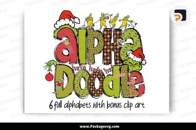 Christmas Grinch Doodle Letters Alphabet Bundle, Christmas Set Cliparts Font PNG LMRH6XB6