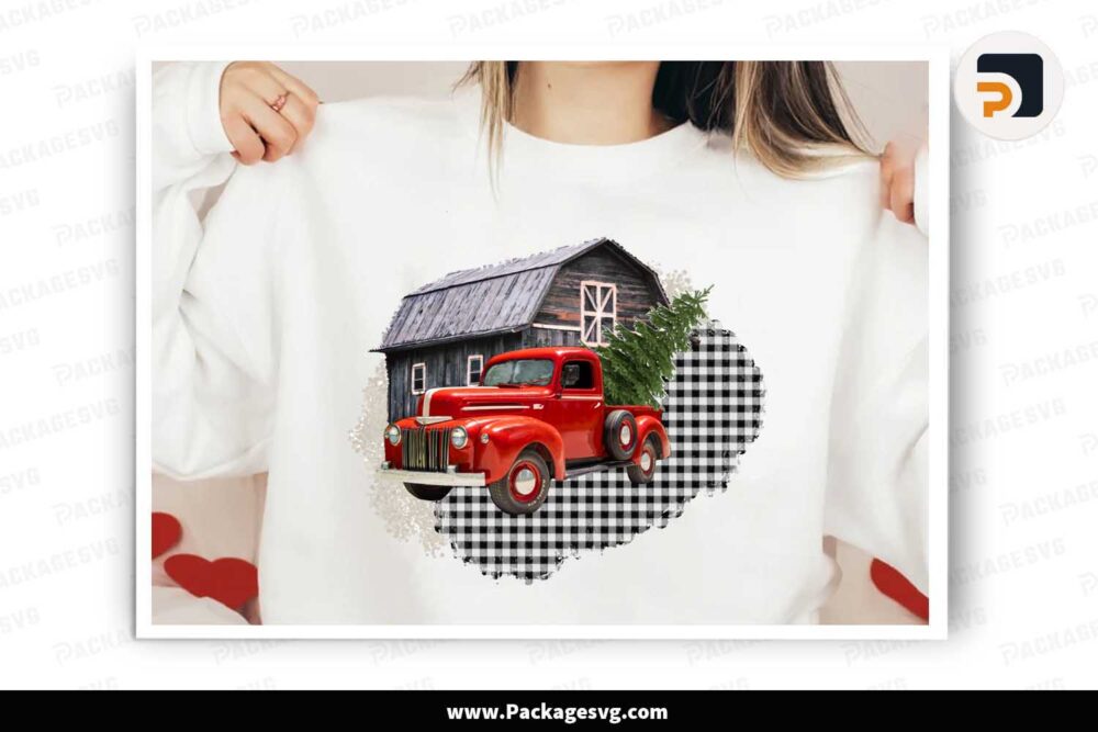 Christmas Red Truck Barn SVG, Funny T-Shirt Design LMZNL9H1