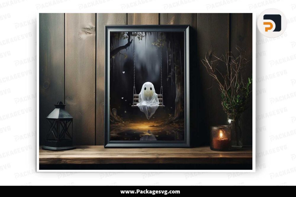 Cute Ghost On Swing PNG, Halloween Poster Design LM8V4G9U