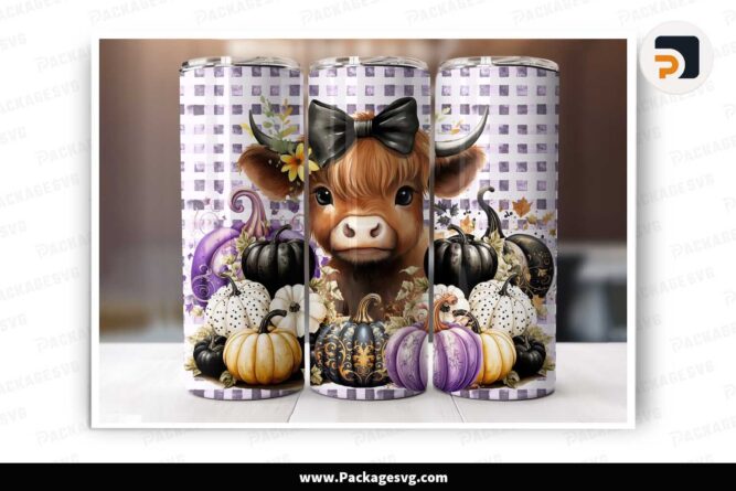 Fall Pumpkins Cute Baby Highland Cow PNG, 20oz Tumbler Wrap LM5NAL4W