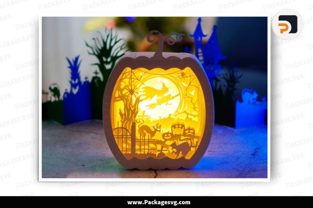 Flying Witch and Cat Lantern Pumpkin, Halloween Light Box SVG Cut File LMG4P62V