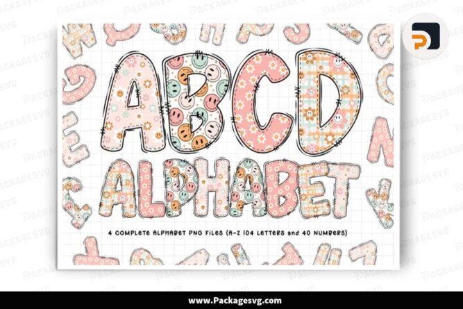 Groovy Smiley Doodle Alphabet Letters Bundle, 4 Set Cliparts Font PNG LN1ERDFO