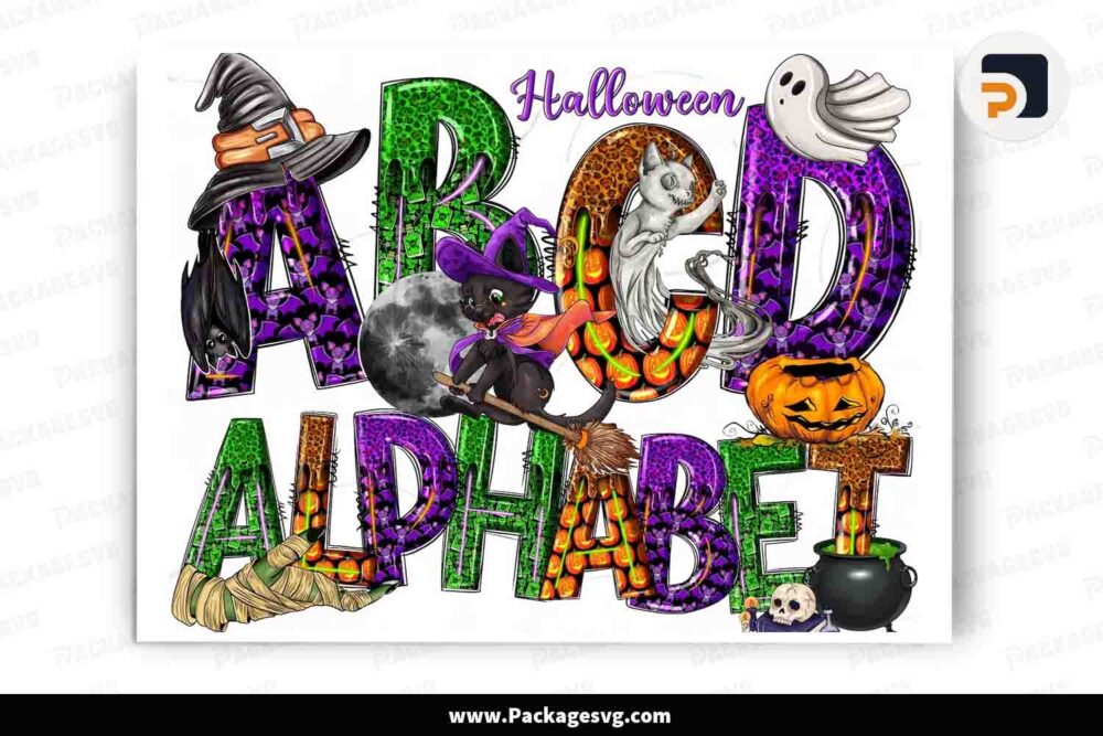 Halloween Doodle Alphabet Bundle, Black Cat Boo Cliparts PNG LM4BLBQP