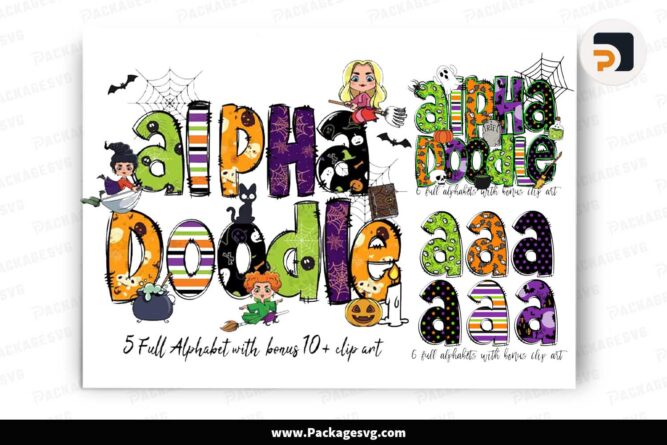 Halloween Doodle Alphabet Letters Bundle, Set 2 Cliparts Font PNG