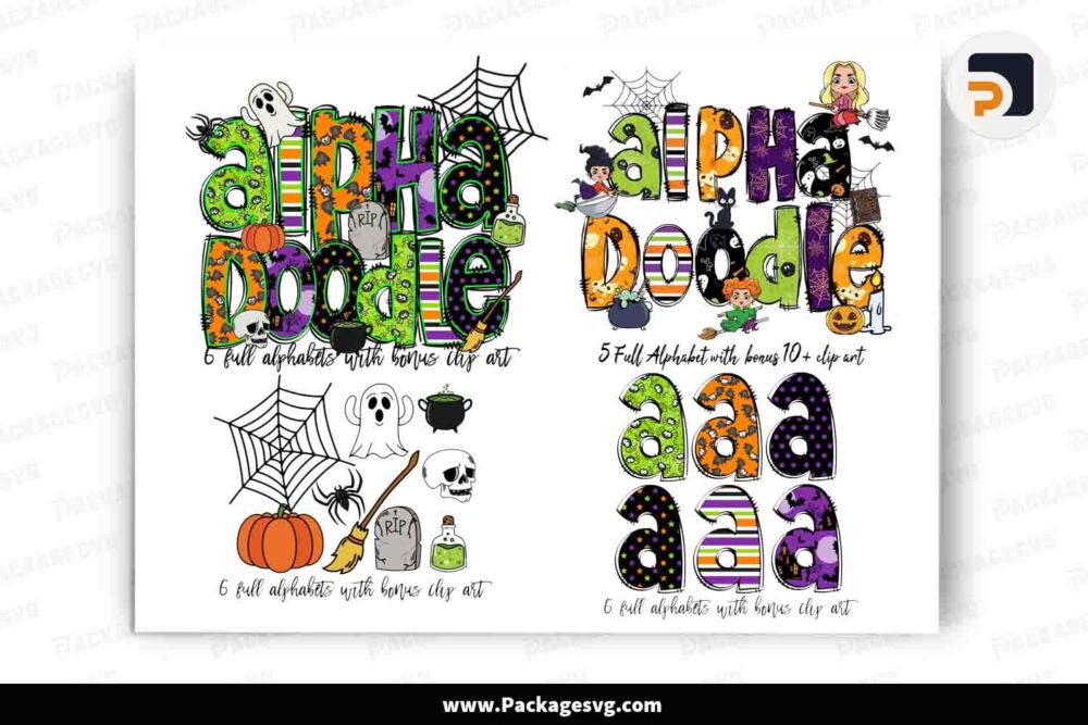 Halloween Doodle Alphabet Letters Bundle, Set 2 Cliparts Font PNG LMTWFTCT