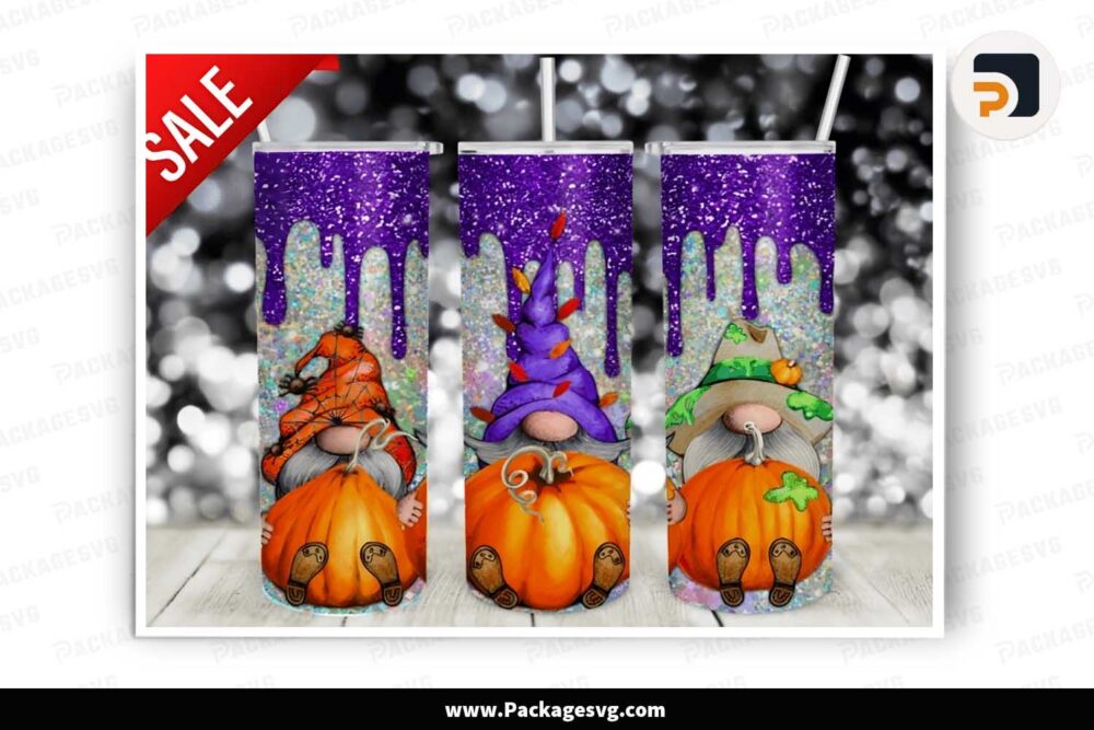 Halloween Glitter Gnome Pumpkin PNG, 20oz Tumbler Wrap LMBH5SPZ