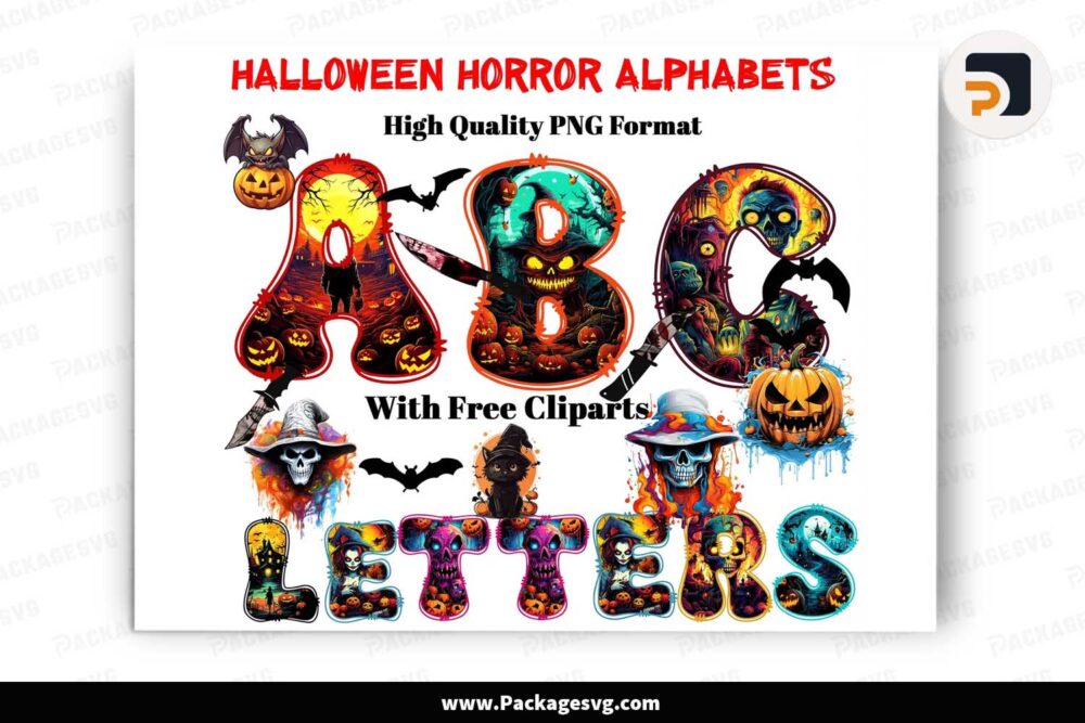 Halloween Horror Doodle Alphabet Letters, Halloween Clipart Font PNG LM8IOMLH