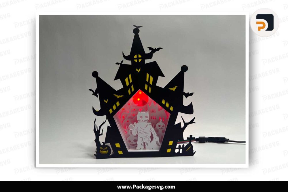 Halloween Pumpkin Monster Light Box, Haunted House SVG Papercut File LM7LJ765