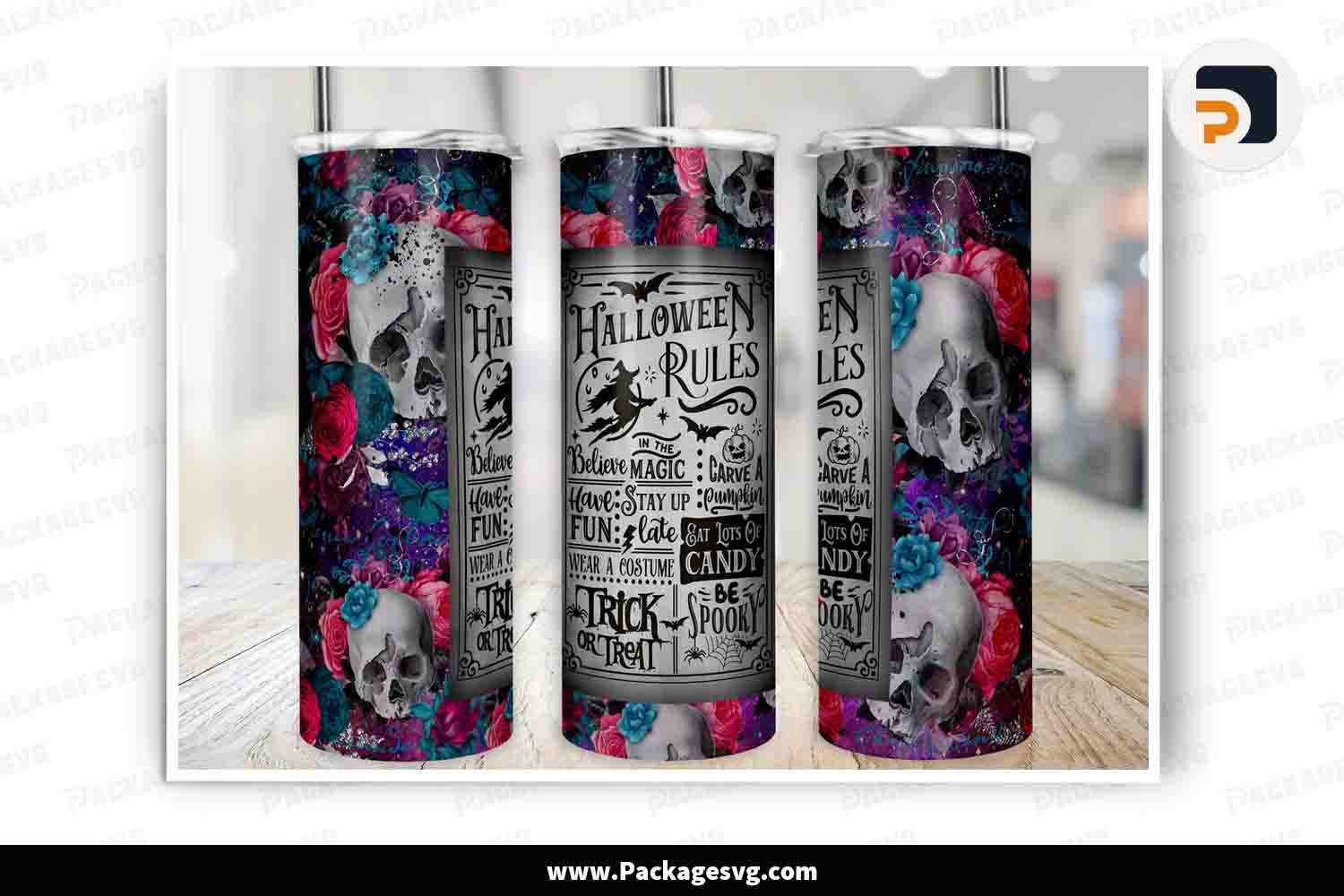 Halloween Rules Floral Skull Tumbler, 20 oz Skinny Tumbler Wrap PNG LN3WHGI0
