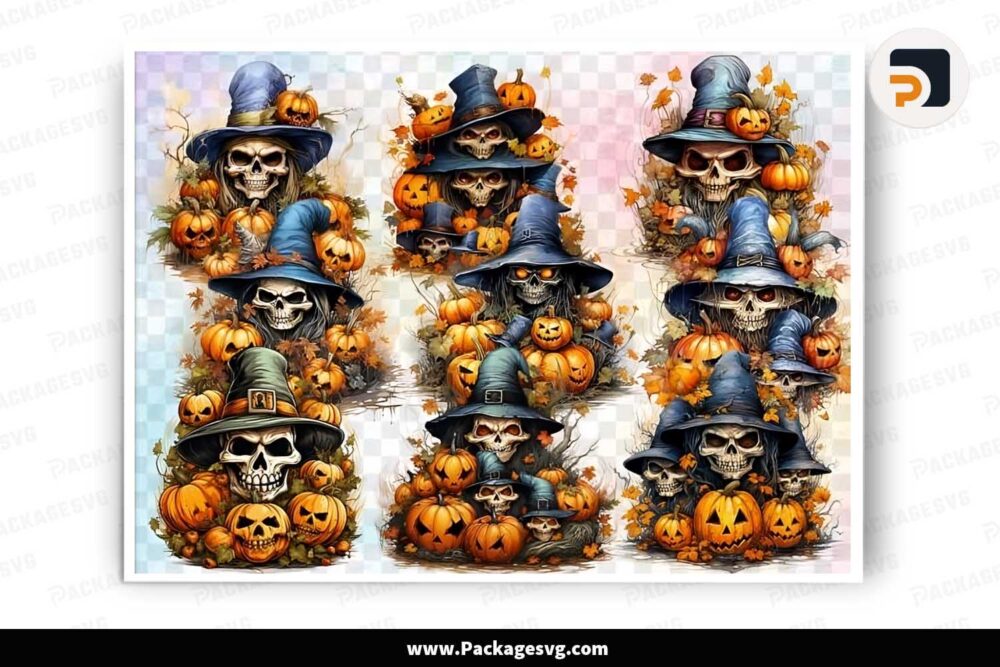 Halloween Skulls with Witch Hat Pumpkins Bundle LN5EHTVA