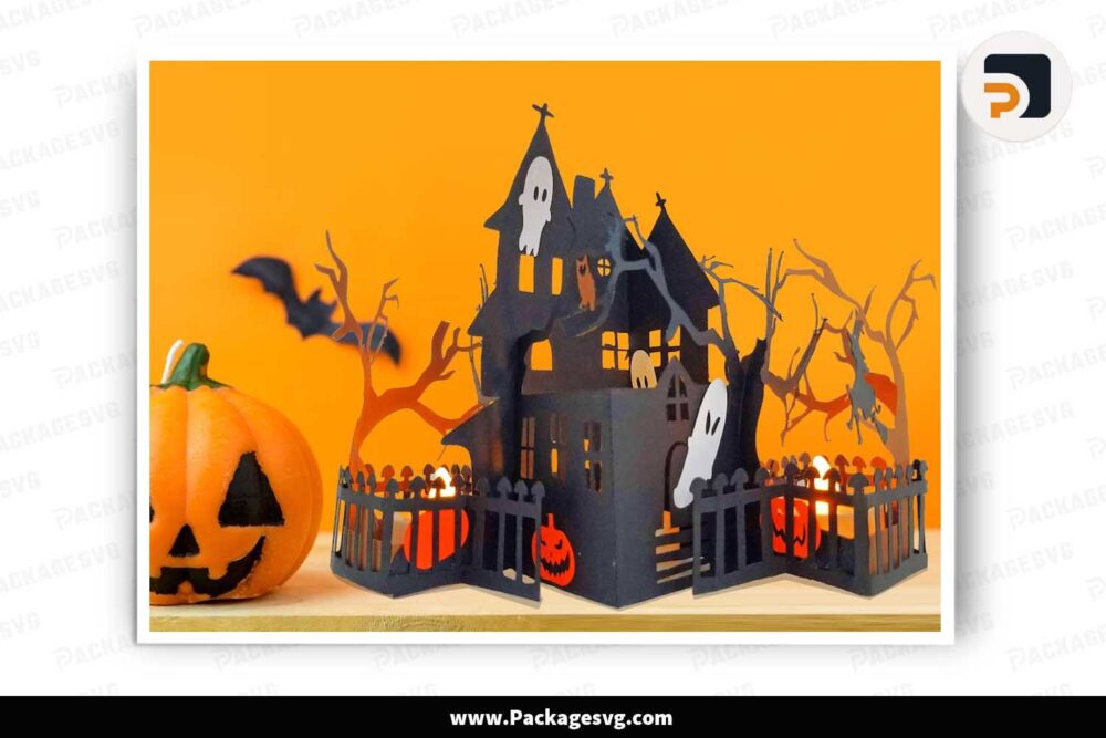 Haunted House 3D Card SVG, Halloween Template Papercut File LMOPFBOK