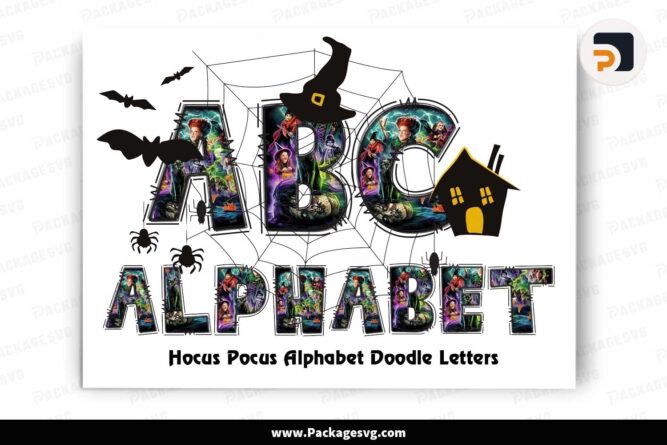 Hocus Pocus Alphabet Doodle Letters, Halloween Cliparts Font PNG LMA0M2D4