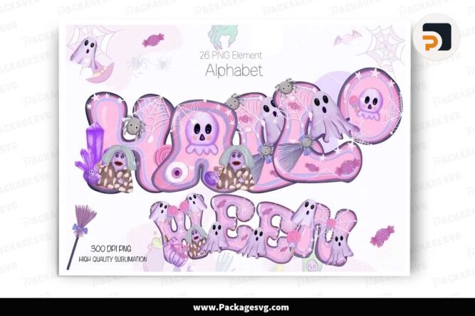 Pink Halloween Alphabet Clipart, Halloween Groovy Font PNG LM5M17GQ